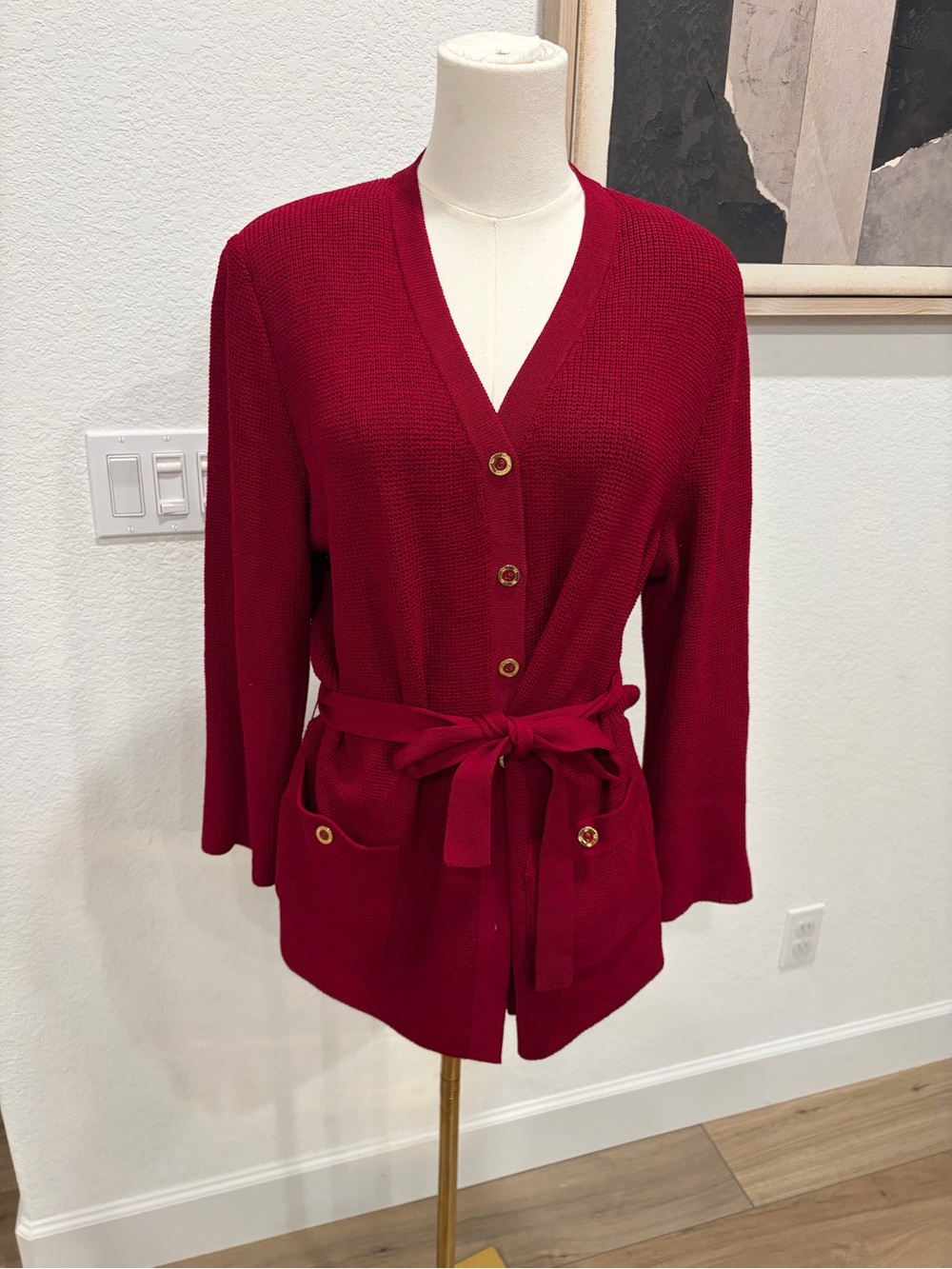 St. John Collection Deep Red Belted V-Neck Cardigan